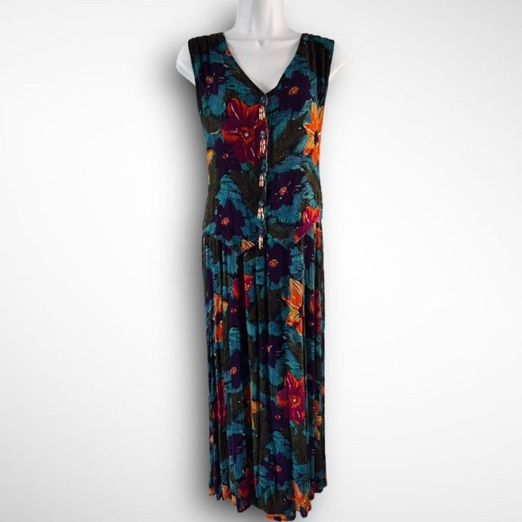 Vintage Dresses & Skirts - vintage 90s bright floral midi dress crinkle rayon S sleeveless vest boho hippie